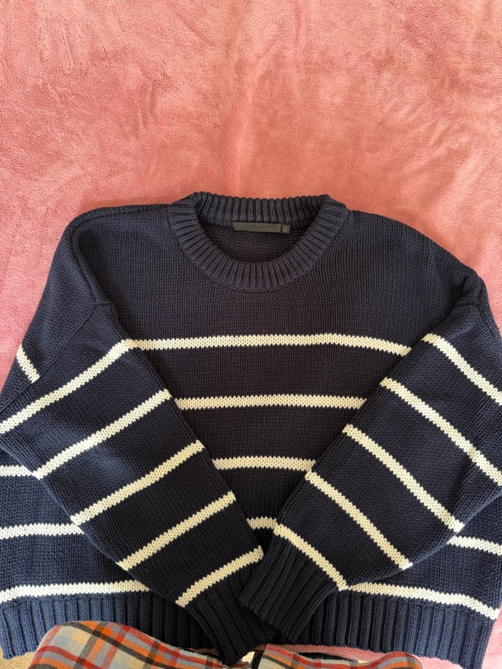 Jenni Kayne Navy and Cream Striped Fisherman Crewneck Cotton Sweater